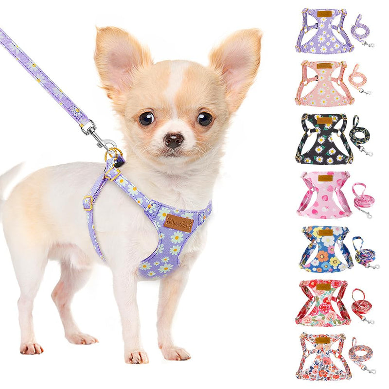 SlowTon No Pull Dog Harness with Leash - Soft Lightweight Floral Pattern Puppy Harness, Adjustable Pet Harness for Small Medium Dogs Doggie (Purple S) Small(9-17.5lb) Purple - BeesActive Australia