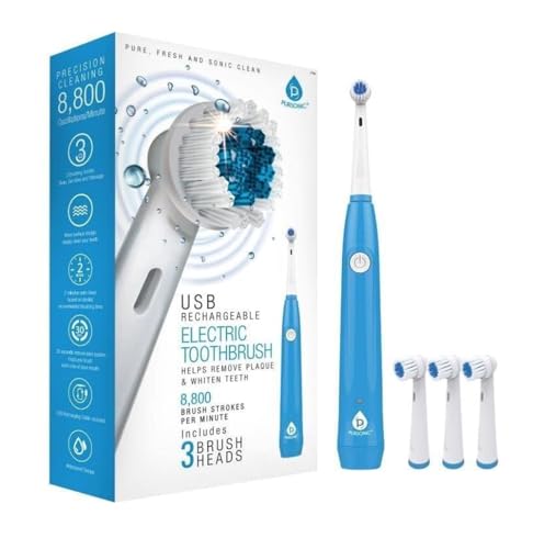 Pursonic Rotating Electric Toothbrush for Adults with 3 Brush Heads - Toothbrush Electric with 3 Cleaning Modes - USB Rechargeable Toothbrush with 2 Minute Smart Timer (White) White