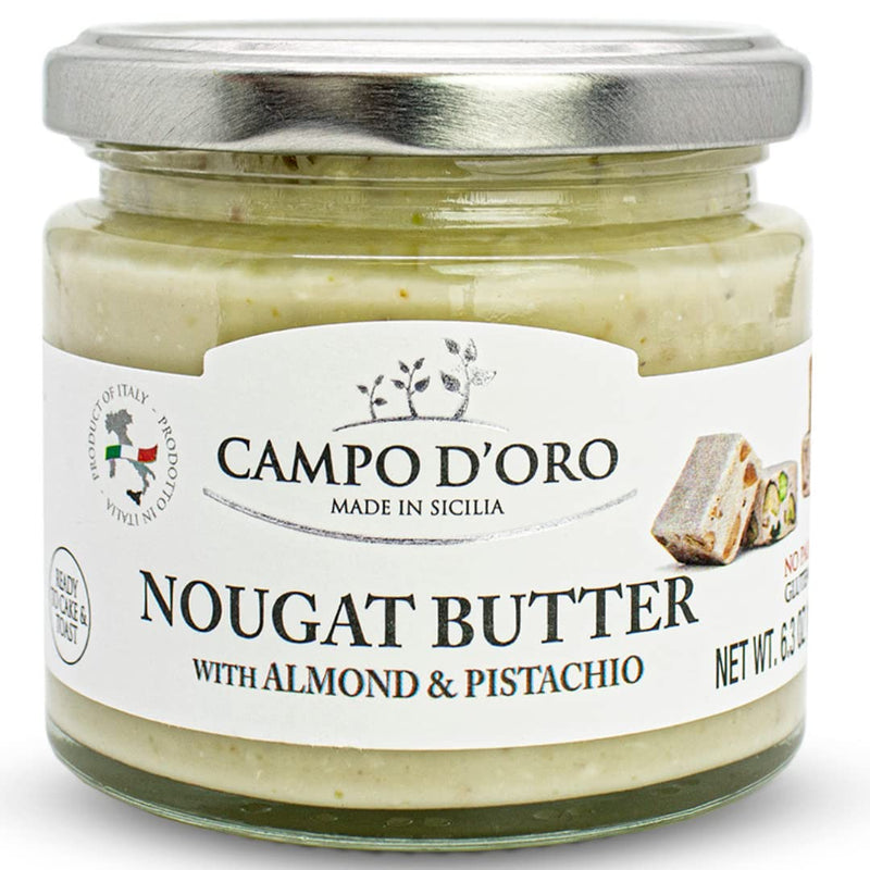 Nougat Butter with Pistachio and Almond, Spreadable Torrone, Crema di Torroncino, (6.35oz - 180 g). Product of Italy, made in Sicily. NON-GMO, Gluten Free, Palm Oil Free, Campo D'Oro Nougat - BeesActive Australia