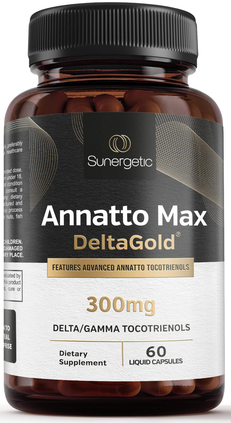 Sunergetic Premium Annatto Tocotrienol Supplement – with DeltaGold – Tocotrienols Vitamin E 300 mg – Supports Liver, Immune & Heart Health - Delta + Gamma Tocotrienols (60 Liquid Capsules) 60 Count (Pack of 1) - BeesActive Australia