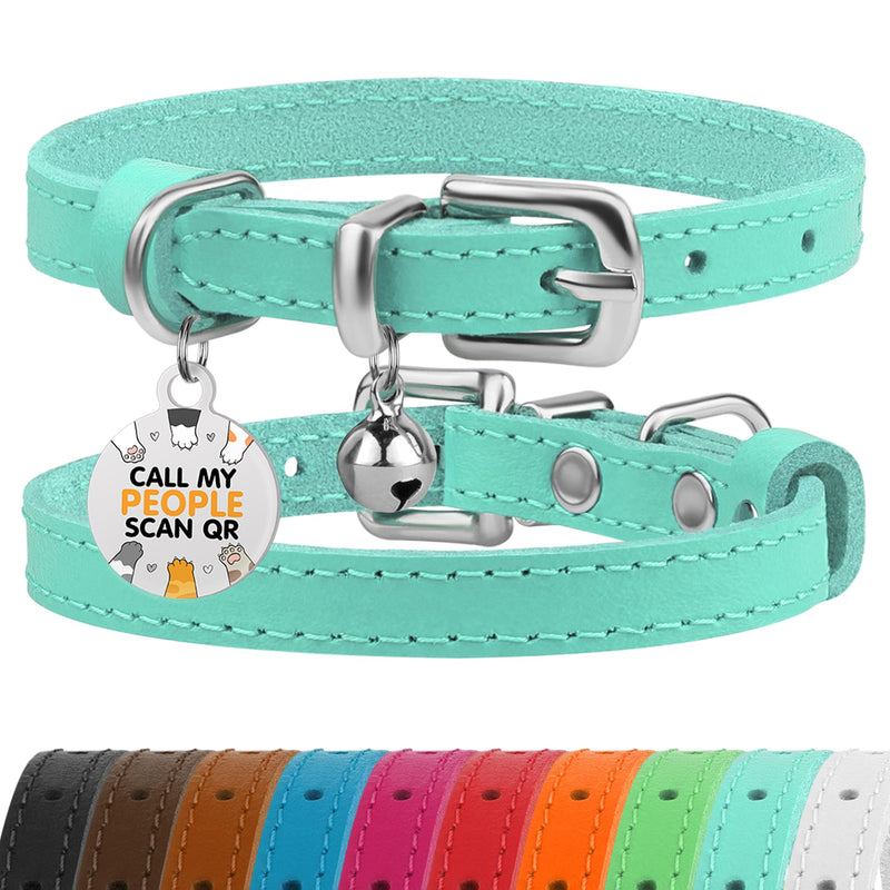 BRONZEDOG Leather Cat Collar with Bell Non Breakaway Kitten QR Tag for Girl Boy (7" - 9" for Cats, Turquoise & Silver) 7 - 9 inch - BeesActive Australia