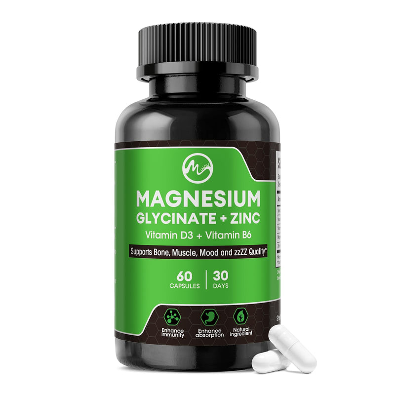 Magnesium Glycinate Capsules, Magnesium Glycinate Supplement with Zinc, Vitamin D3 & B6 - Promotes Nerve, Bowel, Relaxation Function - 60 Vegan Capsules 60 Count (Pack of 1)