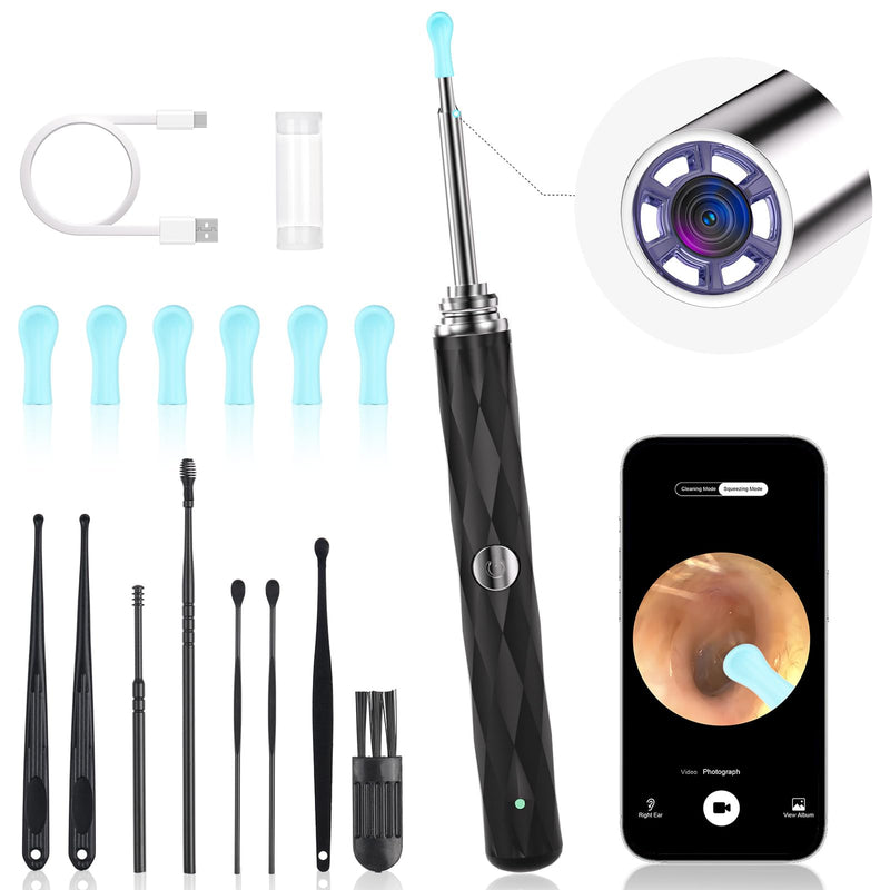 High-Definition Ear Wax Removal, Wireless Ear Cleaner, Safe and Gentle Ear Wax Removal Kit, Rechargeable Ear Cleaner with Camera and Light, Ear Cleaning Kit for Android and iOS (Black) Black - BeesActive Australia