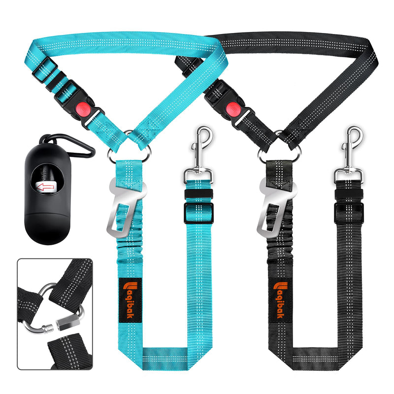Removable Dog Seat Belt Harness for Car, 3 in 1 Pet Dog Car Seatbelt Leash, Retractable Restraint Secures to Vehicle Headrest & Adjustable Reflective Bungee Dog Seatbelt Tether with Poop Bag Holder Black+Blue - BeesActive Australia