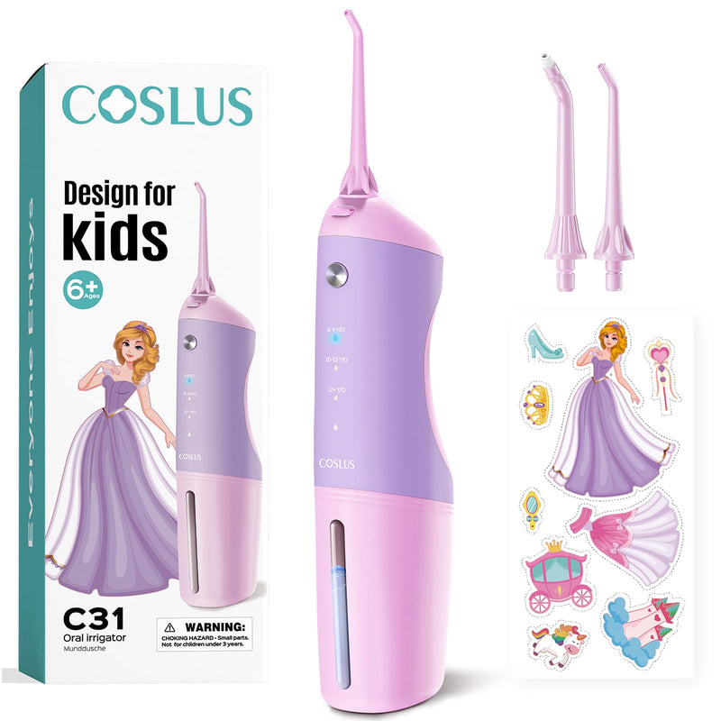 COSLUS C31 Kids Water Dental Flosser Deep Cleaning Picks Portable 4 Modes for Ages 6+ Safe Waterproof Rechargeable with 2 Jet Tips for Gums Care Pink Purple