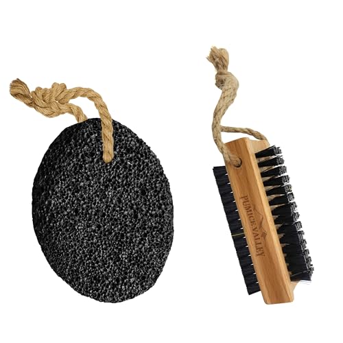 Wooden Cleaning Finger Nail Brush with Nylon Charcoal Bristles & Hanging Rope - Double-Sided Fingernail Brush for Scrubbing Fingernails - Pumice Stone - Natural Earth Lava Black - Health Foot Care