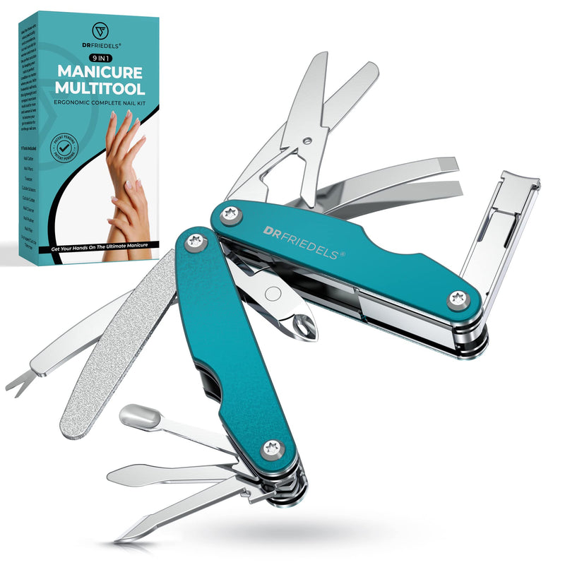 DRFRIEDELS Compact Manicure & Pedicure Set - 9-in-1 Foldable Nail Kit - Ideal for Travel, Hiking & EDC Multitool (Peacock Blue) Peacock Blue - BeesActive Australia