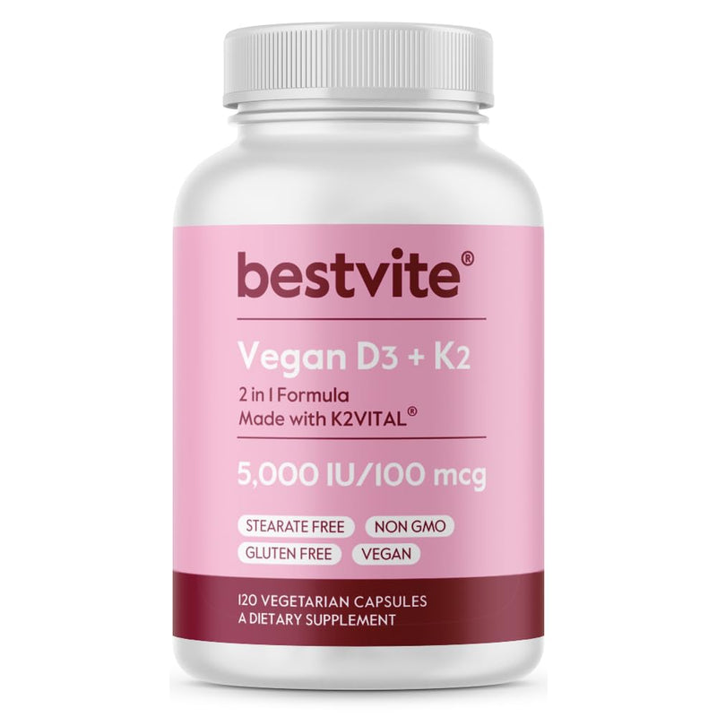 BESTVITE Vegan Vitamin D3 5000IU + Vitamin K2 100mcg as MK-7 (120 Veg Caps) | No Stearates - Vegan - Non GMO - Gluten Free - Vitamin D3 Supplement - Heart Health & Immune Support* - Easy to Swallow Caps 120 Count (Pack of 1)