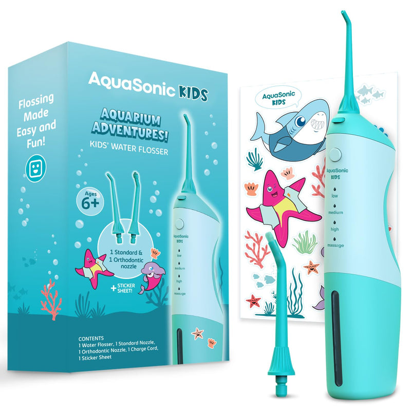 AquaSonic Kids' Water Flosser for Ages 6+ | Standard Nozzle, Orthodontic Nozzle & Waterproof Stickers | 4 Flossing Modes | Aquarium Adventures Theme (Blue) Blue