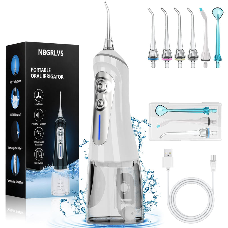 NBGRLVS Water Dental Flosser Cordless for Teeth Pick Cleaning - Powerful Oral Irrigator with 6 Adjustable Modes,320ML Portable & Rechargeable IPX7 Waterproof Cleaner Picks for Home Travel (White) White
