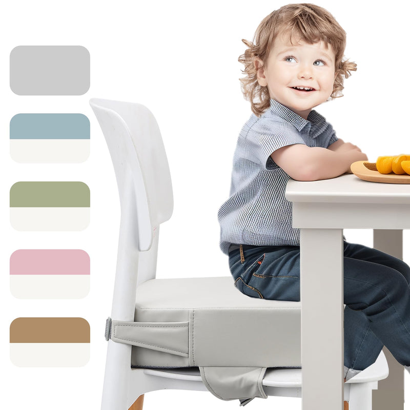 Toddler Booster Seat for Dining Table (PU Material),Portable Kids Booster Seat with Safety Buckles, High Cushion for Travel with Non-Slip Bottom Waterproof PU - Gray - BeesActive Australia