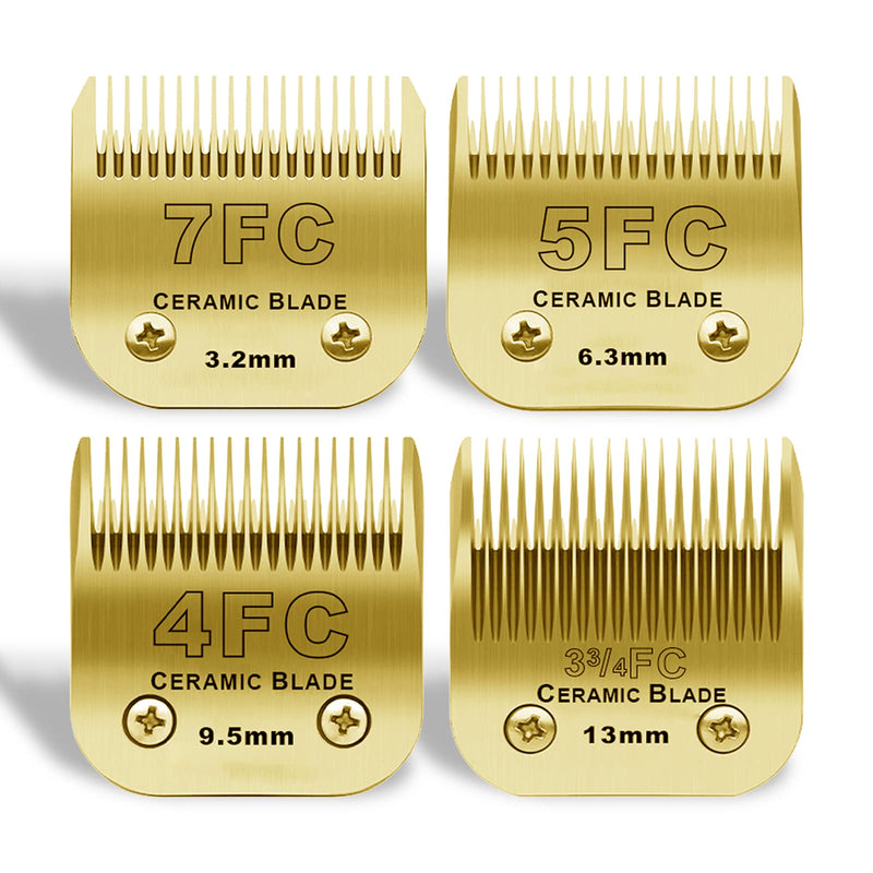 Detachable Pet Dog Grooming Clipper Ceramic Blades Set,Compatible with Andis,Oster A5,Wahl KM10 Series Clippers,Size 7FC/5FC/4FC/3FC 4 Pack,Gold 7fc+5fc+4fc+3fc - BeesActive Australia
