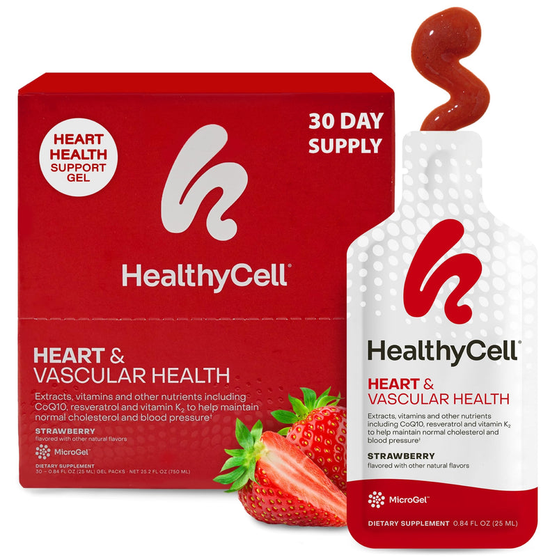 Healthycell Heart & Vascular Health Daily Liquid Supplement - Blood Pressure & Cholesterol Support with Beet Root Powder, Resveratrol, CoQ10, Omega-3 & Vitamin K - 30 Gel Packs 0.84 Fl Oz (Pack of 30)