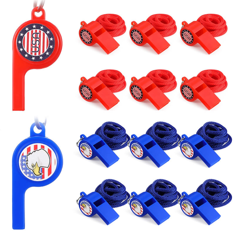 Wettarn 36 Pcs Emergency Whistle with Lanyard Independence Day Whistle for Kids with Patriotic Sticker Whistle Necklace Plastic Sports Whistle Party Favors for Classroom Home Training Red Blue - BeesActive Australia