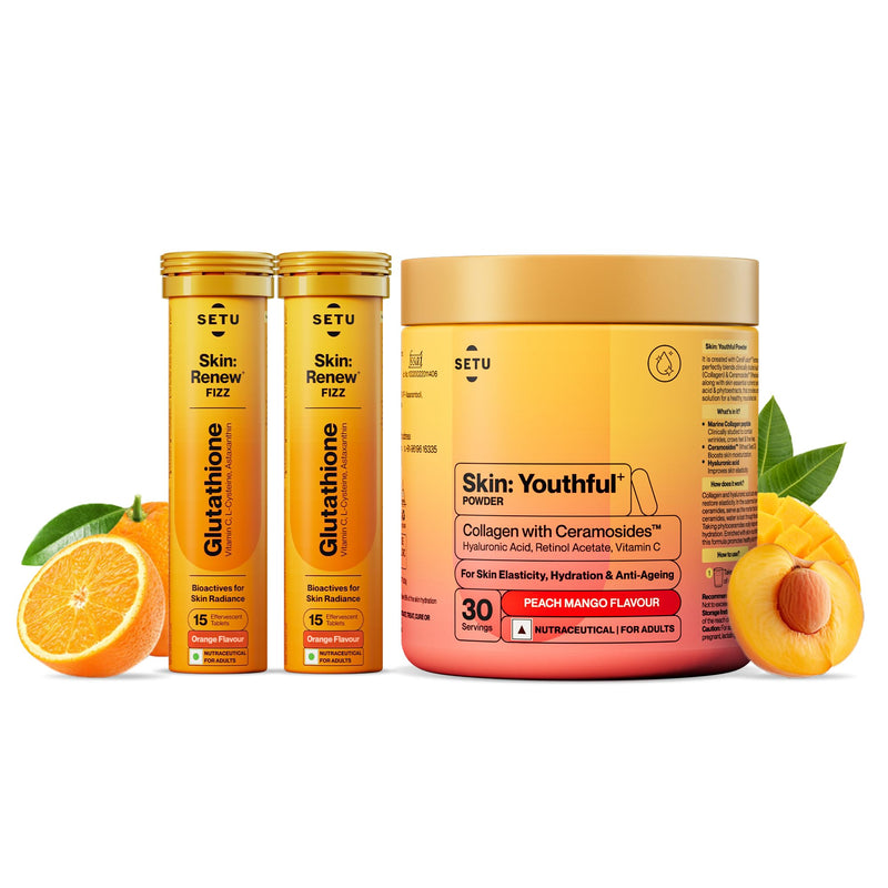 SETU Radiant Skin: Combo Contains 8g Marine Collagen + Ceramosides & 8-in-1 Glutathione Fizzy Tabs | Supports Radiant, Healthy Skin | for Men & Women