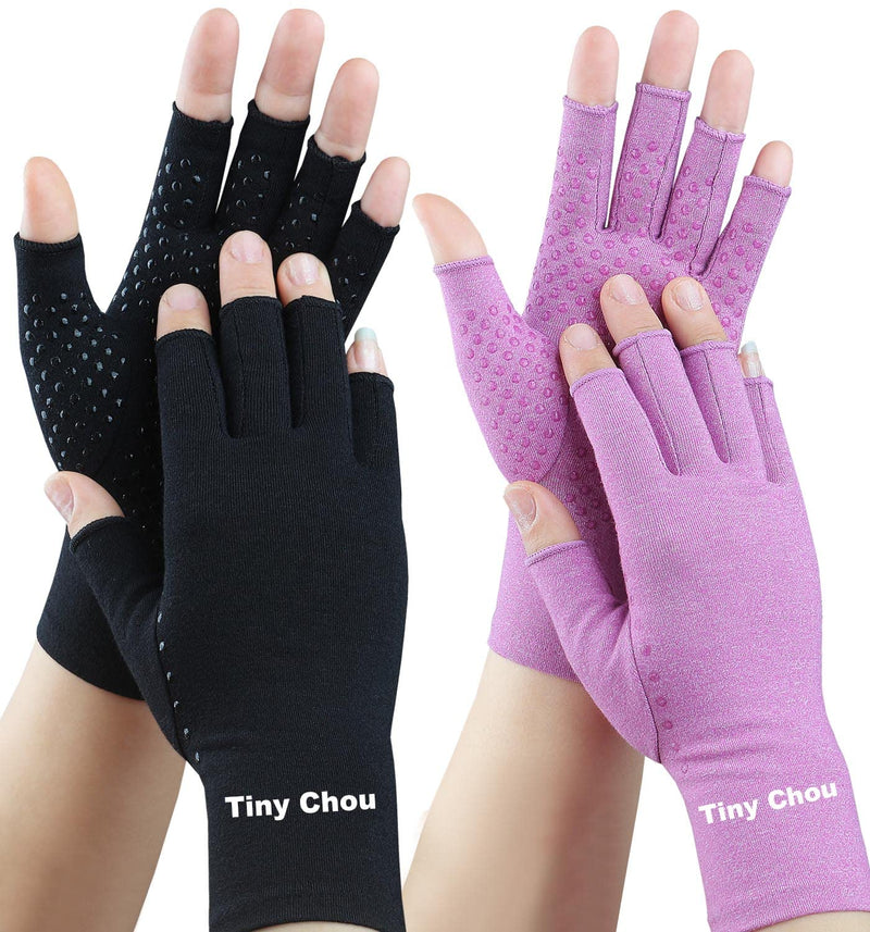 2 Pairs Arthritis Gloves, Compression Gloves for Women/Men, Relieve Arthritis,Rheumatoid,Osteoarthritis,Carpal Tunnel,Hand Pain,Anti-Slip Dots Fingerless Gloves for Work Support (Pure Black+Purple,S) Pure Black(1pair)+purple(1pair) Small - BeesActive Australia