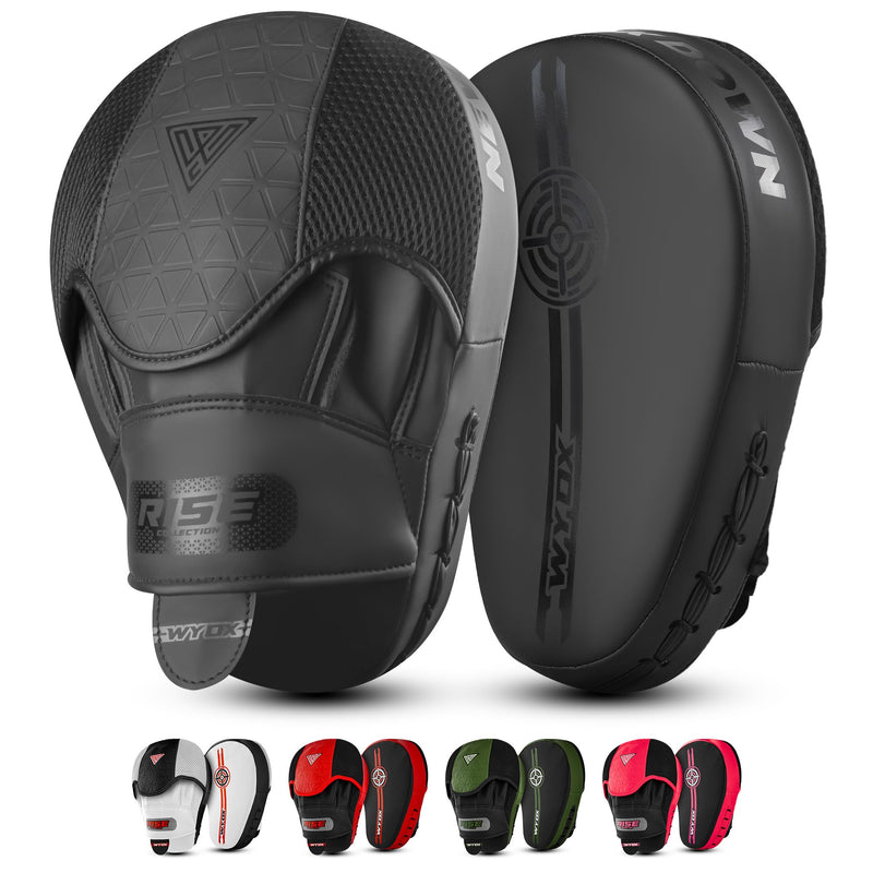 WYOX Boxing Focus Mitts & Punching Pads for Training | Curved PU Leather Hand Target for Muay Thai, Kickboxing, MMA, Karate & Taekwondo | Durable Strike Pads for Men & Women Plain Black
