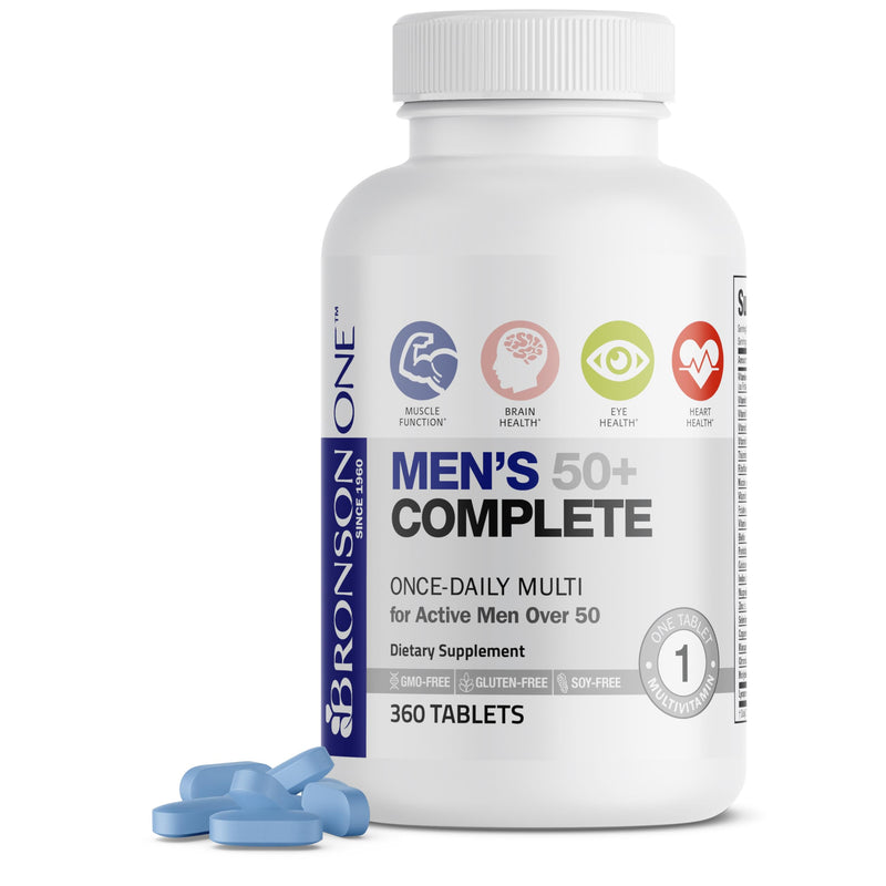 Bronson ONE Daily Mens 50+ Complete Multivitamin Multimineral, 360 Tablets | Once-Daily, Targeted Nutrition For Active Men Over 50, Non-GMO, Gluten-Free, Soy-Free 360 Count (Pack of 1)