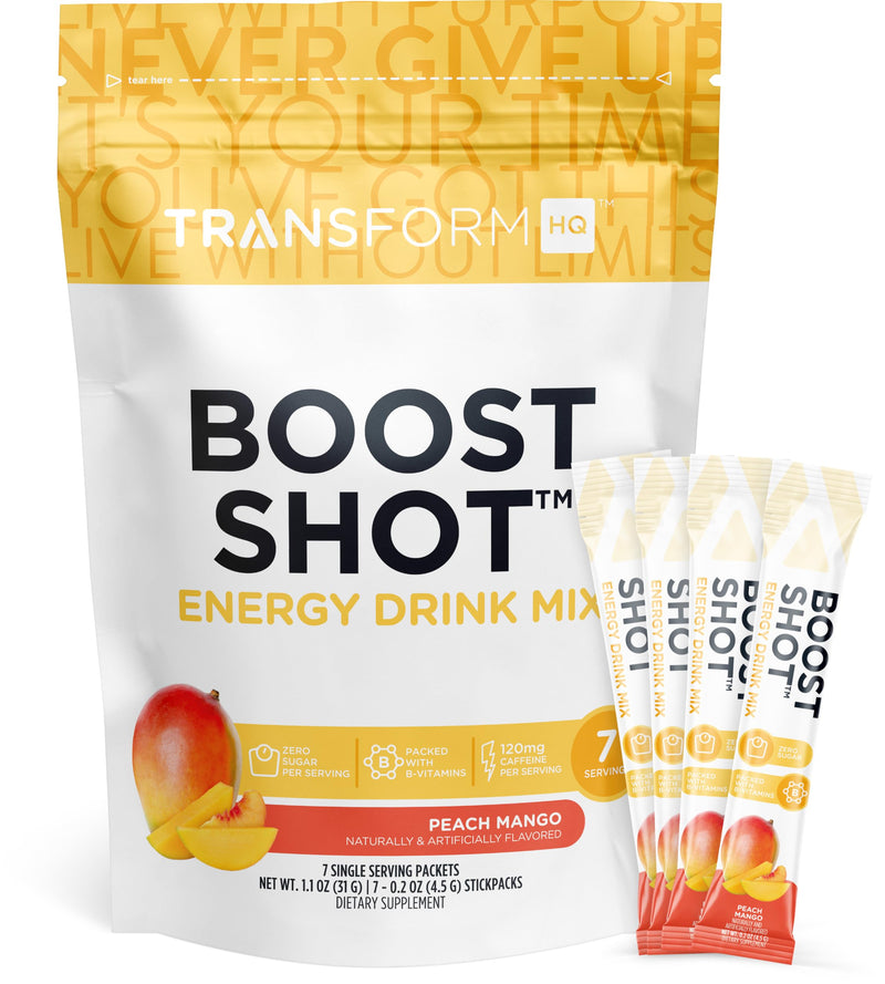 TransformHQ Boost Shot Powder Drink Stick Packets (Peach Mango) 7 Pack | Energy Supplements for Women & Men, with Caffeine, Vitamin B12, B9, B6 & B3 Peach Mango