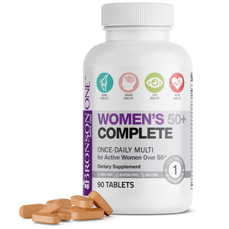Bronson ONE Daily Women 50+ Complete Multivitamin Multimineral, 90 Tablets | Once-Daily, Targeted Nutrition For Active Women Over 50, Non-GMO, Gluten-Free, Soy-Free 90 Count (Pack of 1)