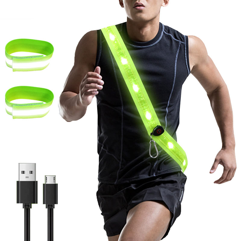 Carasylvia LED Reflective Running Gear Belt Sash - USB Rechargeable Light Up High Visibility Safety Gear with 2 Reflective Armbands for Runners, Bikers, Walkers, Pet Owners - BeesActive Australia