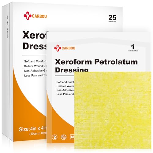 Carbou 4"x4" Medical Xeroform Petrolatum Dressing, 25 Pack, Non-Stick Gauze 4"x4" (Pack of 25)