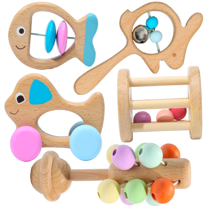 Montessori Mama Wooden Toys for Babies 5-Piece Collection - Multi-Sensory Learning Rattle for Babies - Infant Wooden Toy Set Baby Weights Toys - Teether - BeesActive Australia