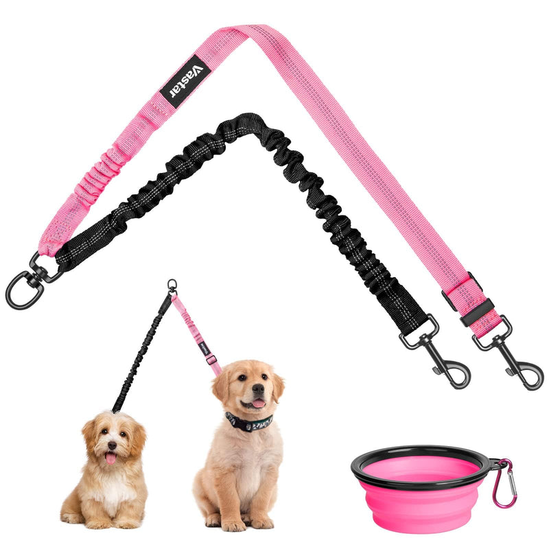Vastar Pet Double Dog Leash, Tangle Free Bungee Dog Leash Coupler, 360° Swivel Double Dog Walking & Training Leash, Adjustable Strap, Comfortable Shock Absorbing Reflective Bungee Lead for Two Dogs Black+Pink - BeesActive Australia