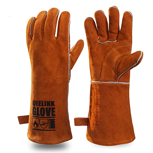 QeeLink Welding Gloves for Men - Fireproof Leather and Stitching Brown (16-inch)