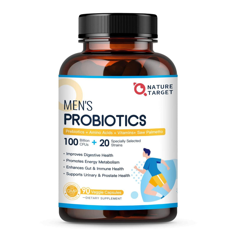 NATURE TARGET Probiotics for Men, 100 Billion CFUs, 90 Veggie Capsules | With Digestive Enzymes, Prebiotics, Saw Palmetto, and Cranberry for Prostate, Urinary Tract, and Digestive Health