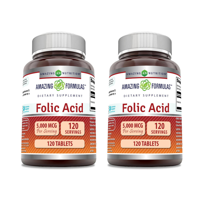 Amazing Formulas Folic Acid 5000 Mcg per Serving | Tablets Supplement | Non-GMO | Gluten-Free | Made in USA (2 Pack | 120 Count) 2 Pack | 120 Count