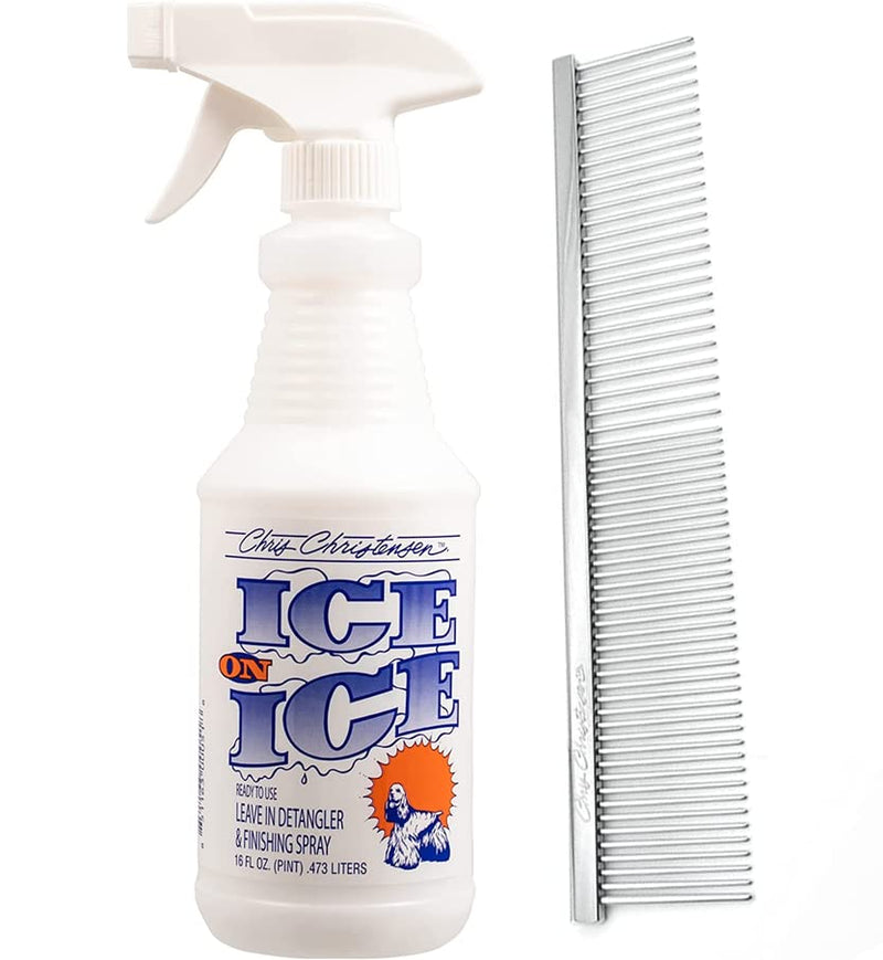 Chris Christensen Groomer's Bundle - Ice on Ice Finishing & Detangling Spray, Adds Elasticity & Strength, RTU - 000 7.5 in. Greyhound Style Fine/Coarse Buttercomb, Stainless Steel, Prevents Friction - PawsPlanet Australia