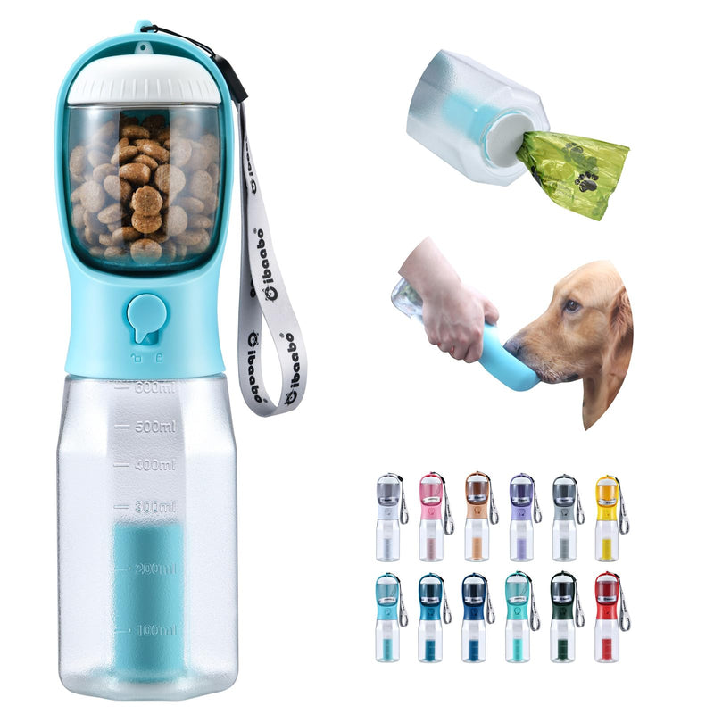 Dog Water Bottle with Food Container & Poop Bag Holder, Travel Water Bowl, Portable Pet Dispenser, Dog Stuff Accessories Items, Puppy Essentials Necessities for Yorkie Chihuahua Walking Hiking 20oz #01 Blue - BeesActive Australia