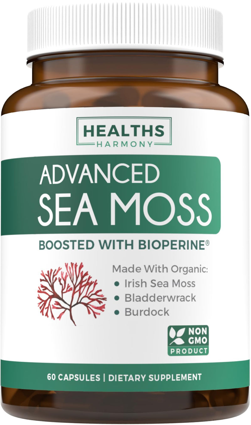 Organic Irish Sea Moss Capsules - Organic Sea Moss Capsules with Bladderwrack Burdock Root and Black Pepper Extract for Enhanced Absorption - Vegan Non-GMO & Made in the USA (1 Month Supply) 60 Count (Pack of 1)