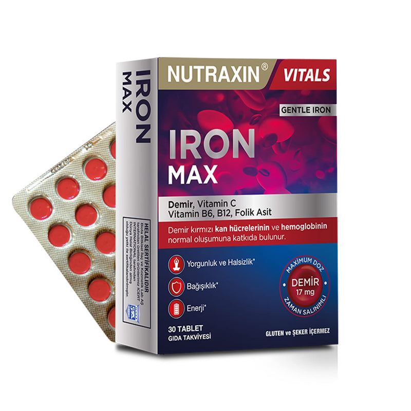 Nutraxin Iron Max 17mg 30 Tablets with Iron Vitamin C B6 B12 and Folic Acid