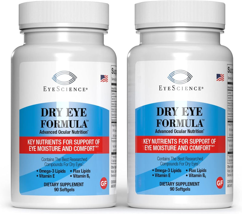 EyeScience - Dry Eye Formula - 90 Softgels - for Relief, Omega-3, Vitamins E, C & B6, Magnesium - Tear Production & Lasting Comfort - 2 Pack 90 Count (Pack of 2)