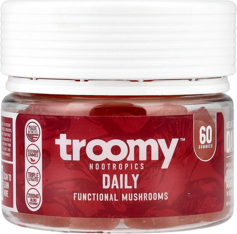 Troomy Daily 14 Mushroom Blend Gummies - Strawberry Mango, 60 Count | Reishi, Cordyceps, Lion's Mane and Chaga in Every Gummy, Triple-Extracted, Vegetarian and Gluten-Free, Made in USA 60 Count (Pack of 1)