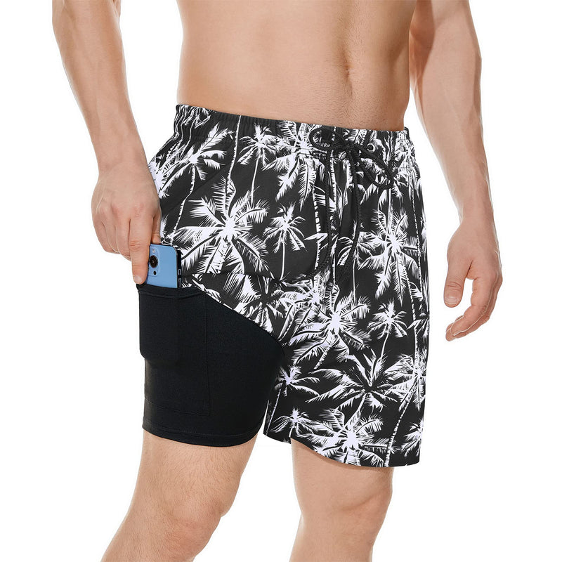 American Trends Men's Swim Trunks 7 Inch with Compression Liner - Quick Dry UPF 50+ Beach Bathing Suit for Men X-Large Black Coconut