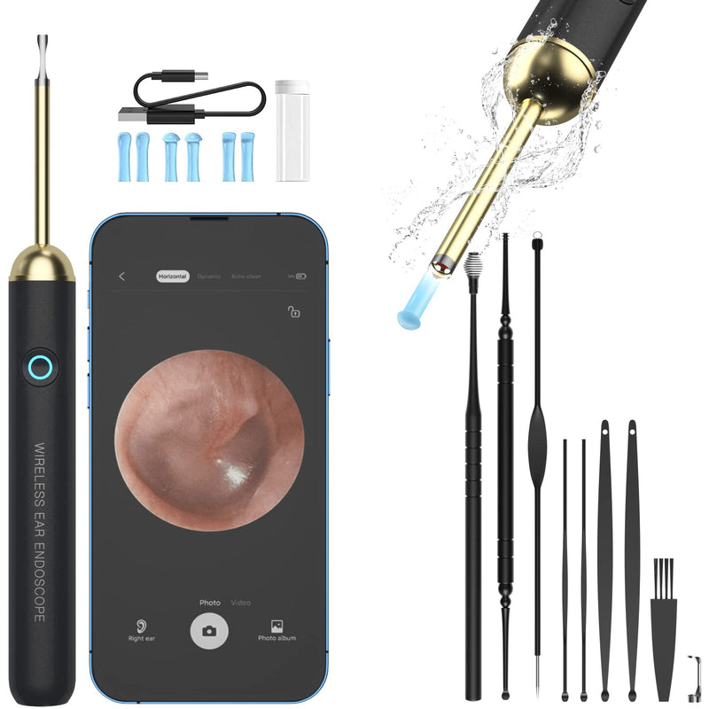 Ear Wax Removal - NIUQICT Ear Cleaner - Ear Camera 1080P with Lights - Ear Wax Removal Tool 9 Pcs - Ear Cleaning Kit, Wireless Otoscope Compatible with Android&iOS for Kids, Adults&Pets Golden Black - BeesActive Australia