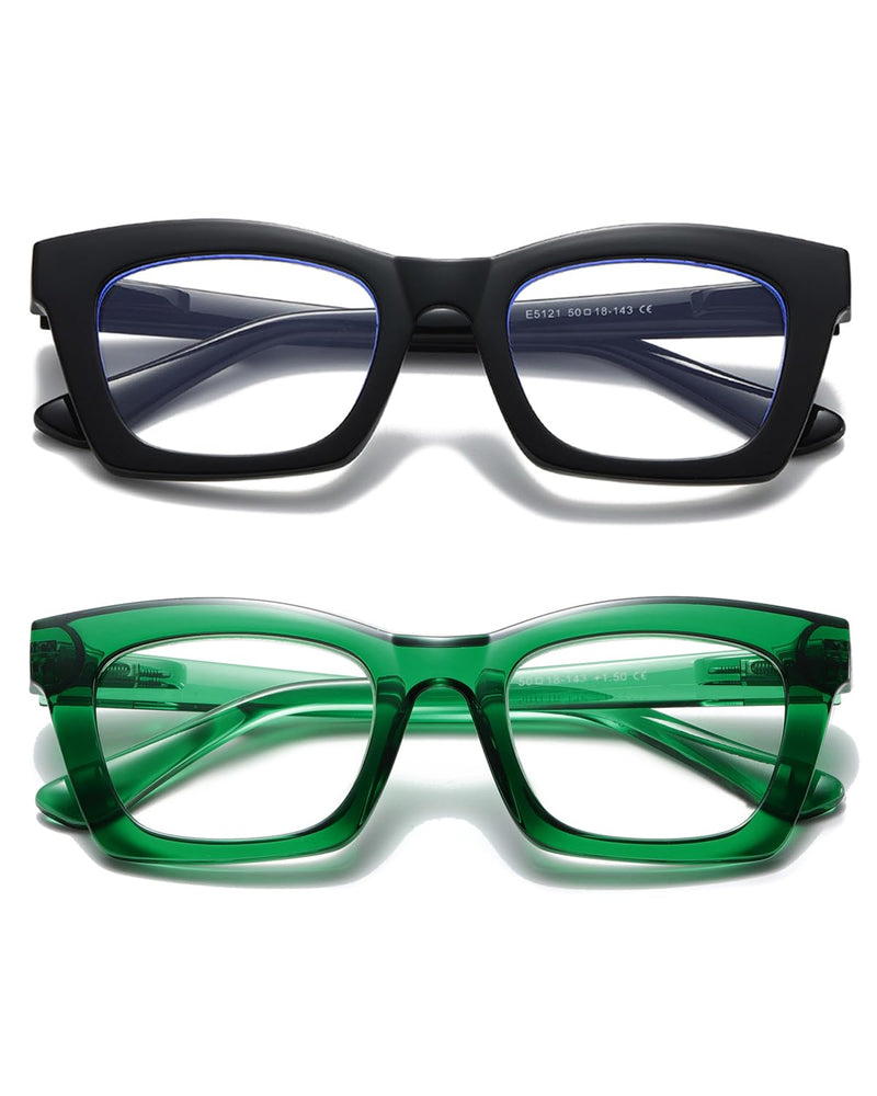 Hubeye Oprah Style Reading Glasses for Women Men Blue Light Blocking Computer Square Readers with Spring Hinge Black/Green 1.5 Diopters - BeesActive Australia