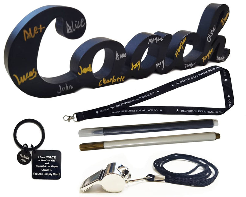 6 Pack Thank You Coach Gift Kit Including Black Coach Wood Sign, Coach Pen, Coach Lanyard, Whistles with Rope Coach Keychain for Referee Football Gym Sports Teacher Coach Men Women Gifts Set for Home Office Desk Decor - BeesActive Australia