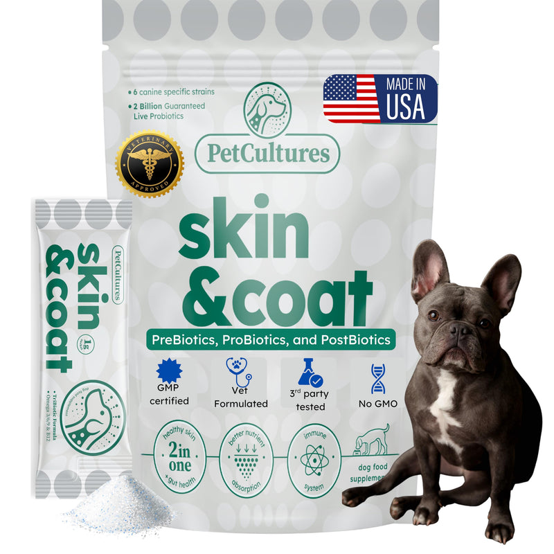 PetCultures Skin & Coat Tribiotic Dog Supplement Powder – Omega 3 & 6, Biotin, and Gut-Skin Axis Support, (10) 10