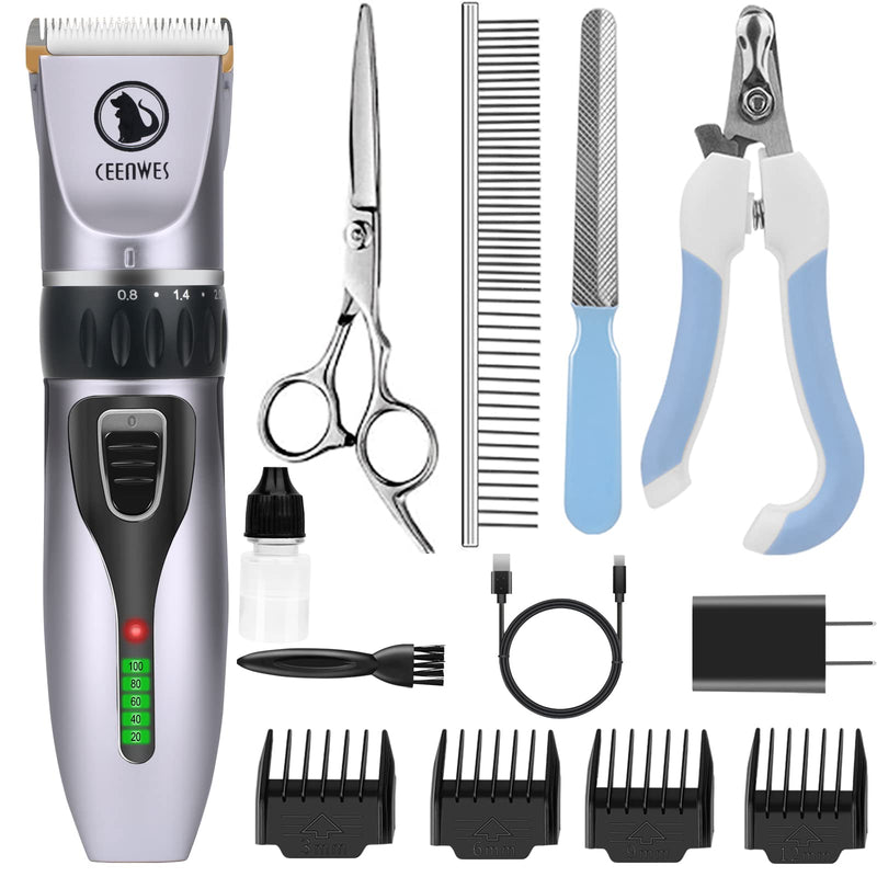 Dog Clippers Cordless Dog Grooming Kit Professional Horse Clippers with 4 Comb Guides, Low Noise Pet Clippers Rechargeable Pet Grooming Tools for Small Large Dogs Cats Horse Pets Silver - BeesActive Australia