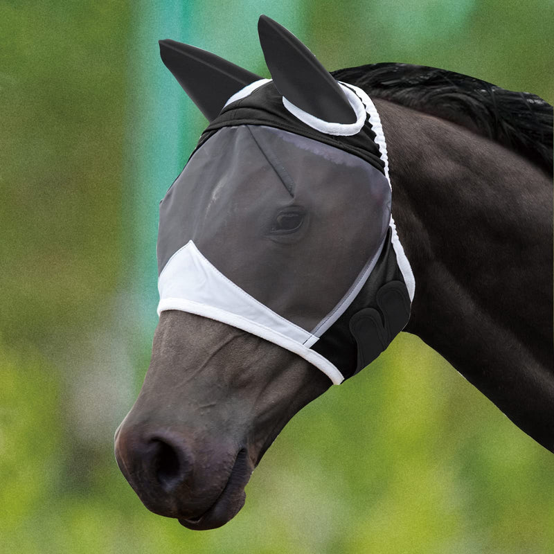 Fly Mask with Ears for Horses Soft Stretchy Mesh Horse Face Cover, Breathable Eye Protection Fly Masks UV Protective Horse Supplies (Black, L)