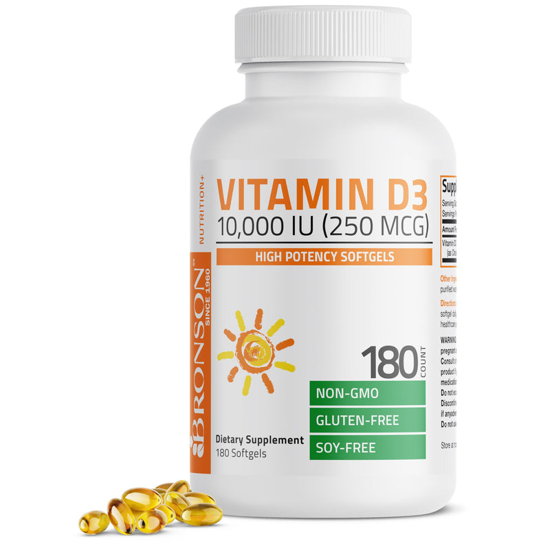 Bronson Vitamin D3 10,000 IU (250 mcg) Immune Support, 180 Softgels | Bone, Muscle, Teeth & Nervous System Support, Once-Daily, Non-GMO, Gluten-Free & Soy-Free 180 Count (Pack of 1)