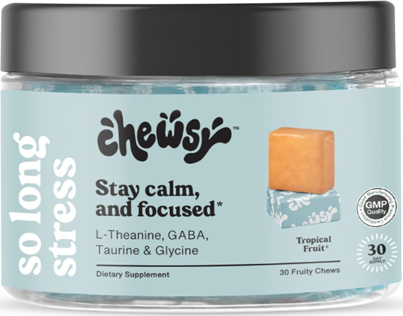 Chewsy So Long Stress, Calm Fruity Chews, Stay Calm & Focused. w/L-theanine, Amino Acid, GABA, Glycine, Tyrosine, Taurine & Magnesium. Non-GMO and Gluten-Free. Tropical Fruity Chews, 30-Day Supply 30 Count (Pack of 1)