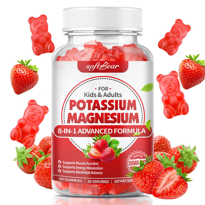 softbear Potassium Gummies for Adults, High Absorption Magnesium Potassium Supplement with Vitamin B6 for Leg Cramps & Muscle Health Sugar-Free Vegan Strawberry 60 Gummies 60 Count (Pack of 1)