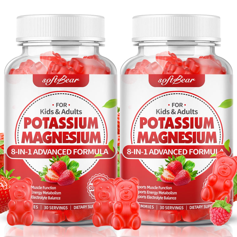 softbear Potassium Gummies for Adults, High Absorption Magnesium Potassium Supplement with Vitamin B6 for Leg Cramps & Muscle Health Sugar-Free Vegan Strawberry 120 Gummies 60 Count (Pack of 2)