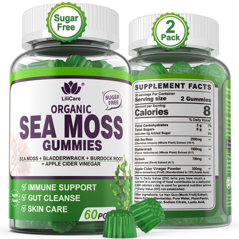 (2 Pack) Sea Moss Gummies - Irish Sea Moss Gummies for Adults & Kids - Advanced Superfood Seamoss Supplement + Bladderwrack, Burdock Root Extract，ACV for Daily Immune, Gut Cleanse, Vegan, Sugar Free 60 Count (Pack of 2)