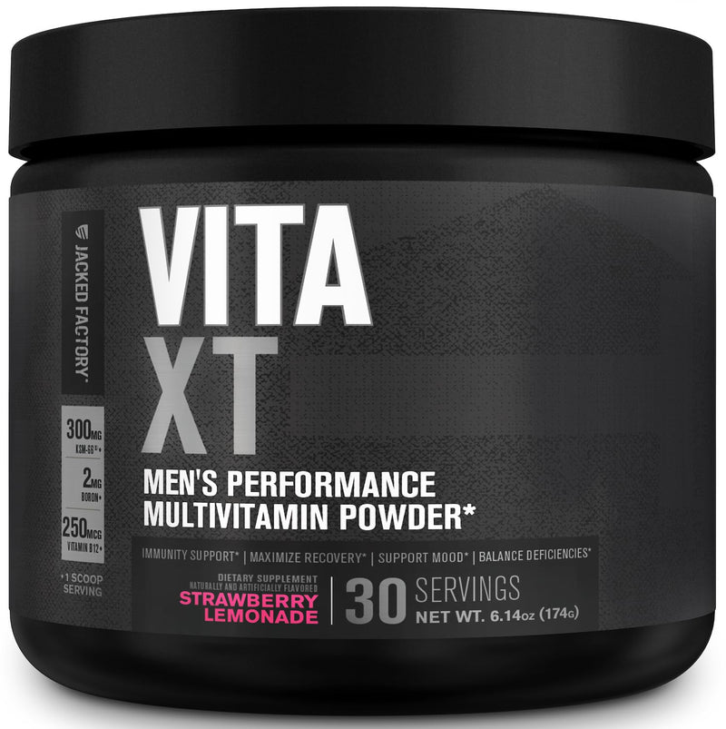 Jacked Factory Vita XT Performance Vitamin Powder - Daily Multivitamin Powder for Men with KSM-66 Ashwagandha, Prebiotic Fiber, Vitamin A, C, D, K, B6, B12, & More - Strawberry Lemonade, 30Sv